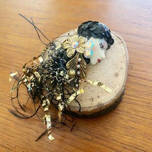 Vintage Black White Gold Foil Ribbon Flapper Profile Flower Crystal Pin Brooch